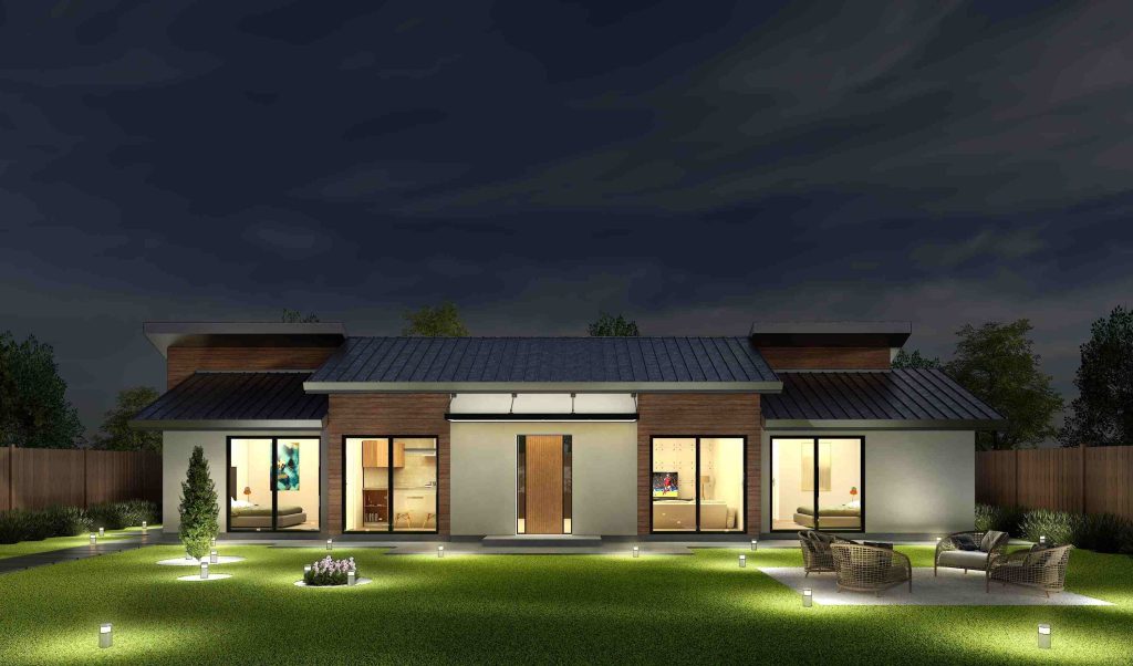 Front night view of Campbell ADU with exterior lighting design