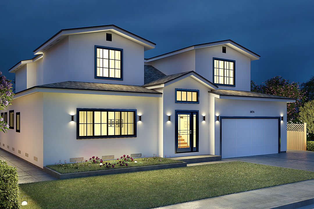 Night view of Santa Clara home lighting design - Residential Building Design