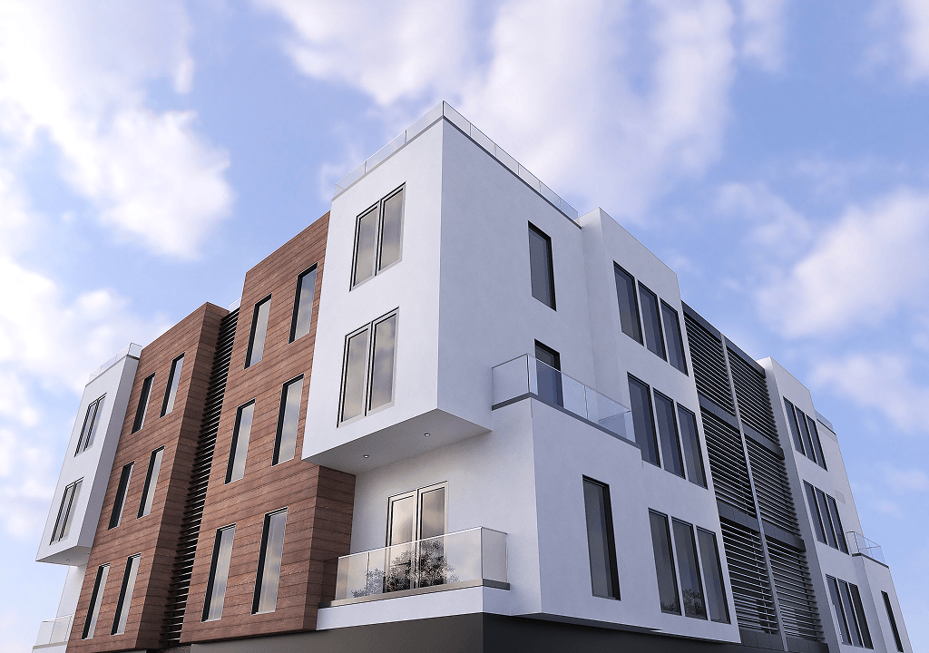 Mixed-use building with varied façade materials