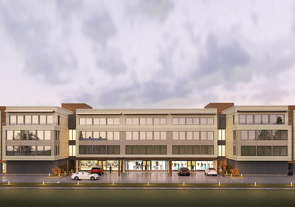 modern façade with retail storefronts and large office windows